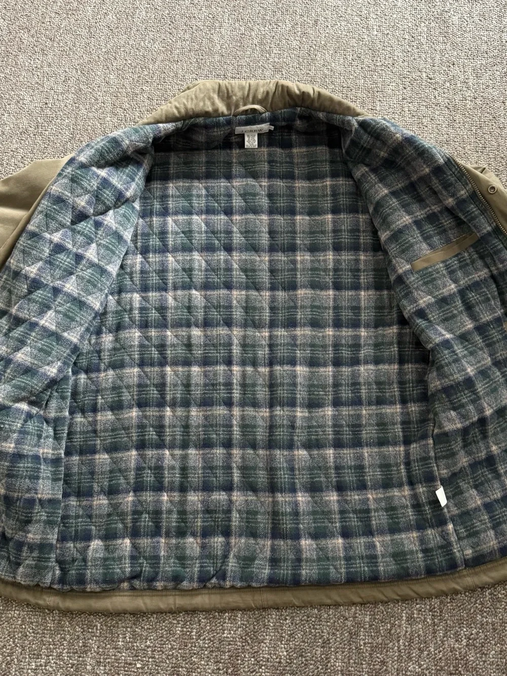 J. Crew Men's Olive Green Utility Barn Chore Coat with Plaid Lining Mens Large